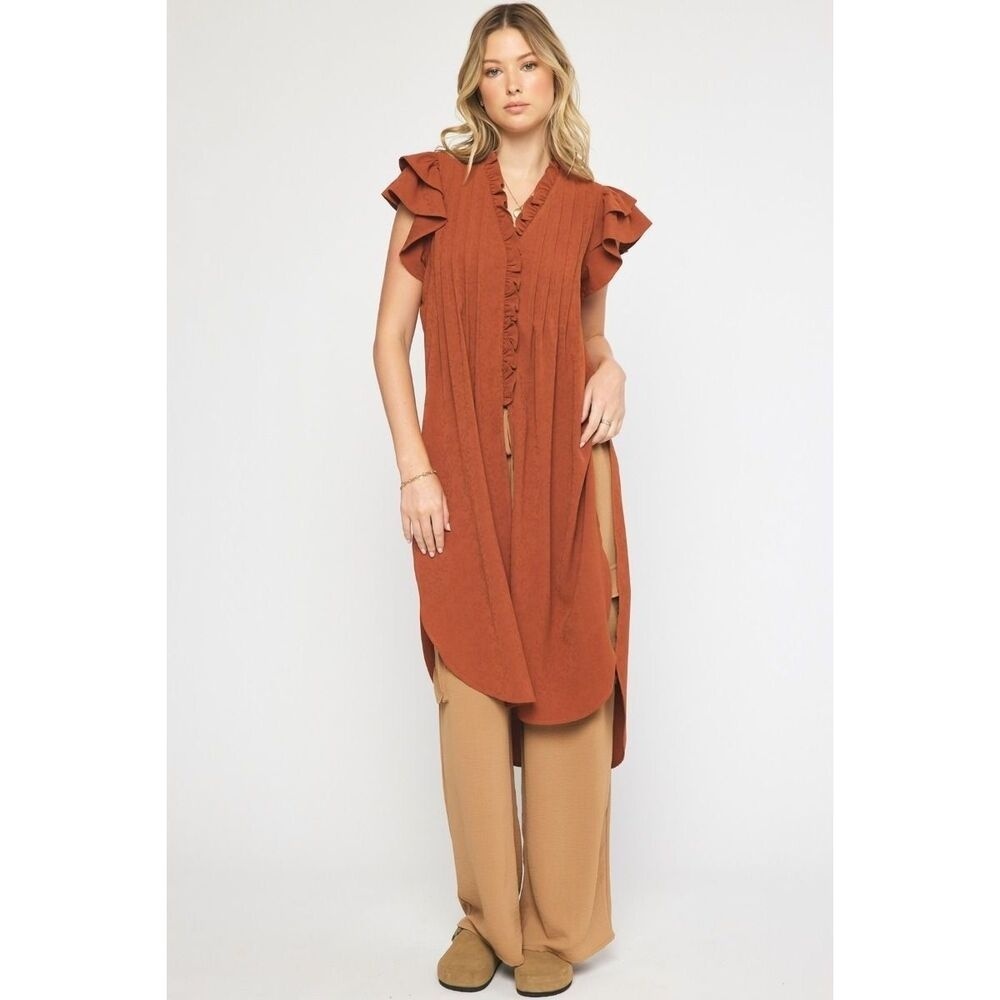 Entro Long Ruffle Sleeve Tunic With Side Slits Rust Brown Womens S